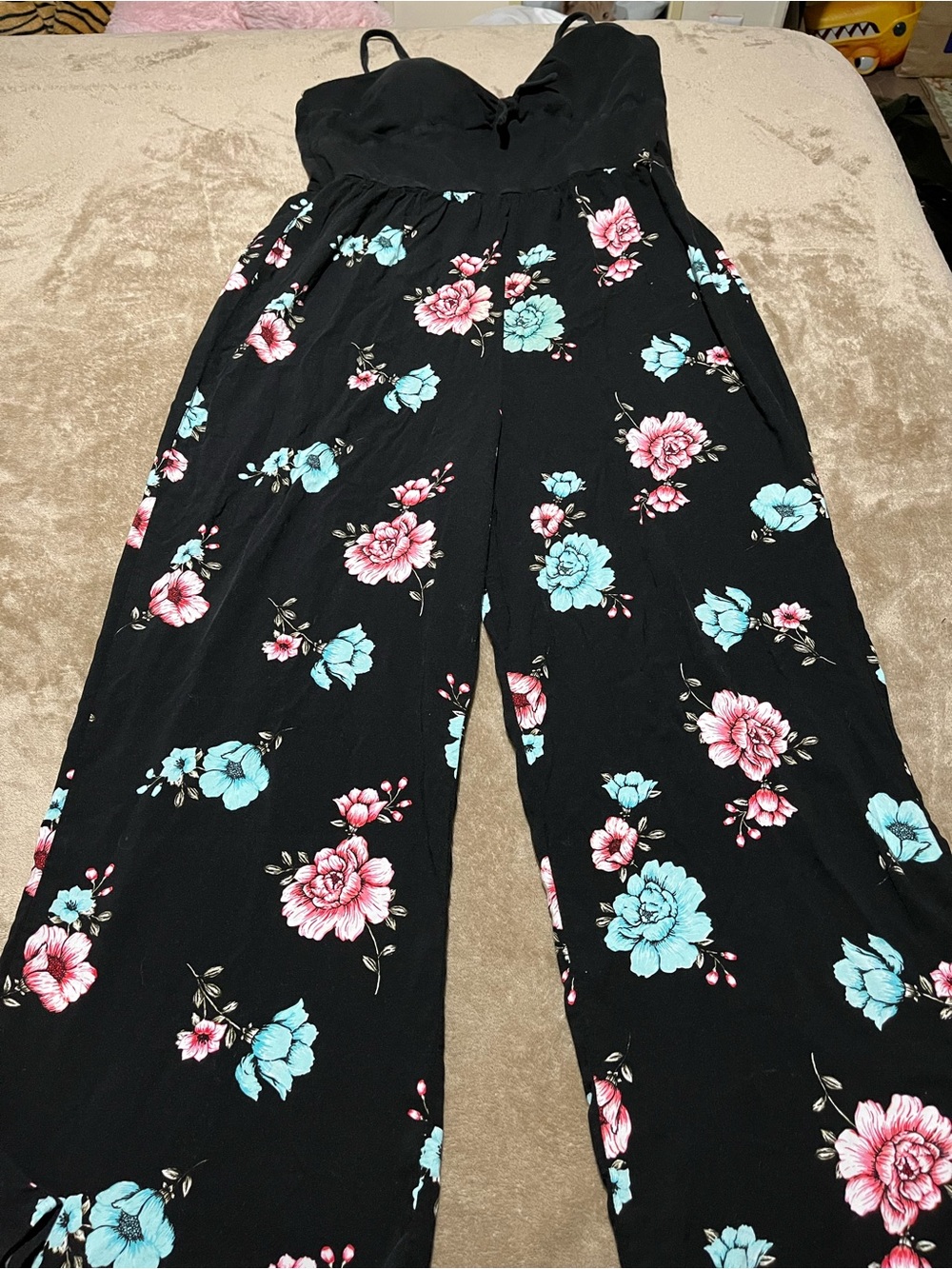 Women’s Black Floral Wide-Leg Jumpsuit - Pink & Teal Flowers XXL-19